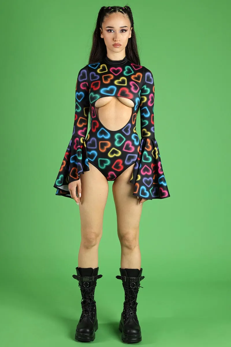 Neon Hearts Bell Sleeve Cut Out Bodysuit