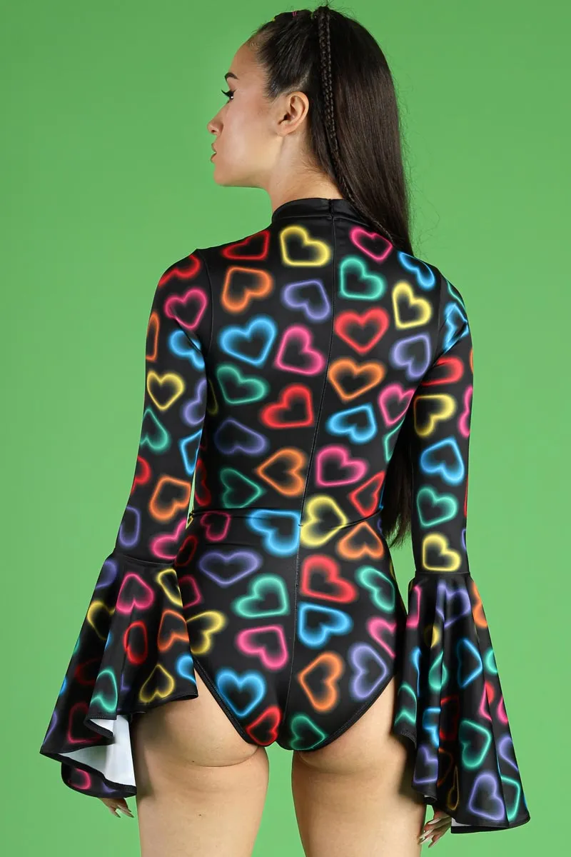 Neon Hearts Bell Sleeve Cut Out Bodysuit