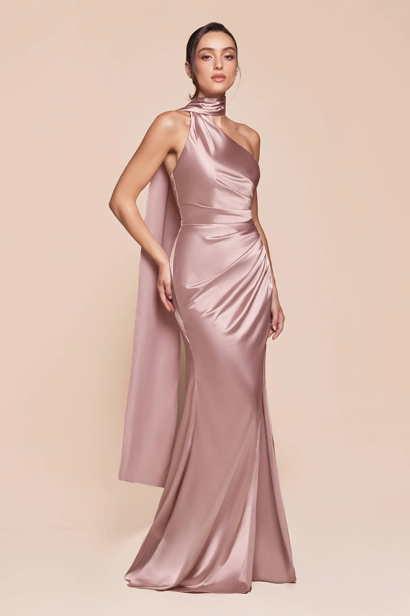 ONE SHOULDER LUXE SATIN FITTED GOWN