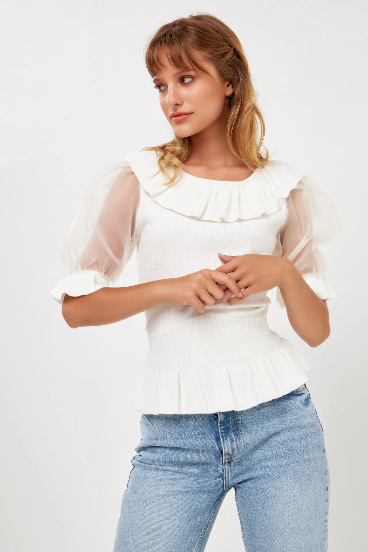 Organza Puff Sleeve Knit Top with Ruffled Neck