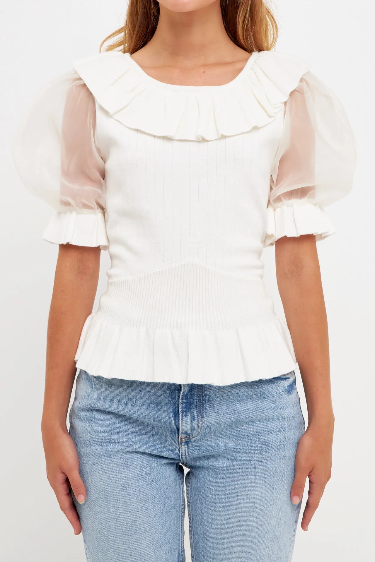 Organza Puff Sleeve Knit Top with Ruffled Neck