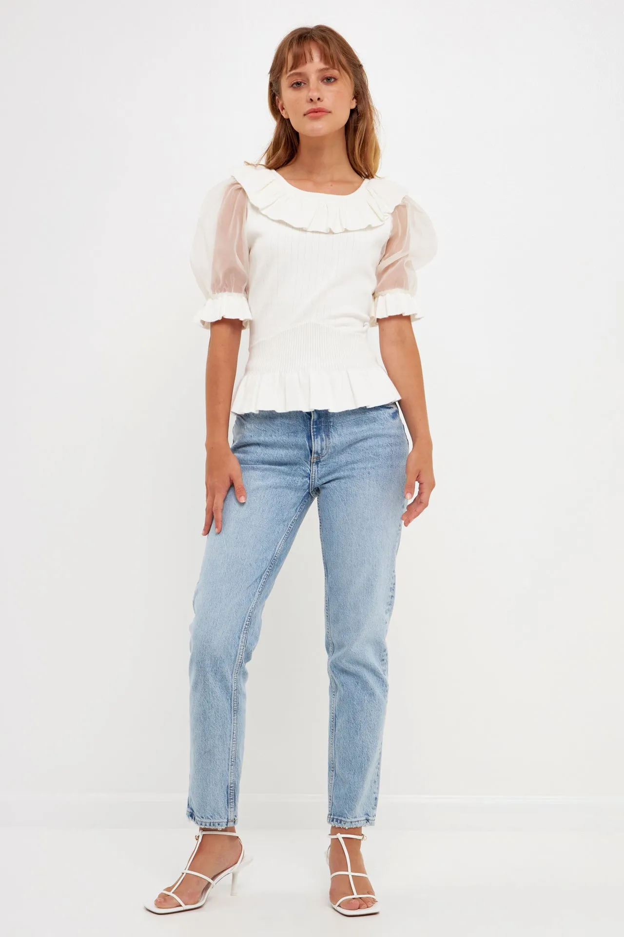 Organza Puff Sleeve Knit Top with Ruffled Neck