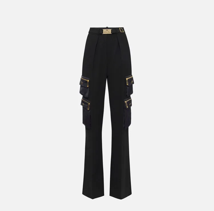 PA04546E2 Straight trousers in crêpe fabric with pockets and belt