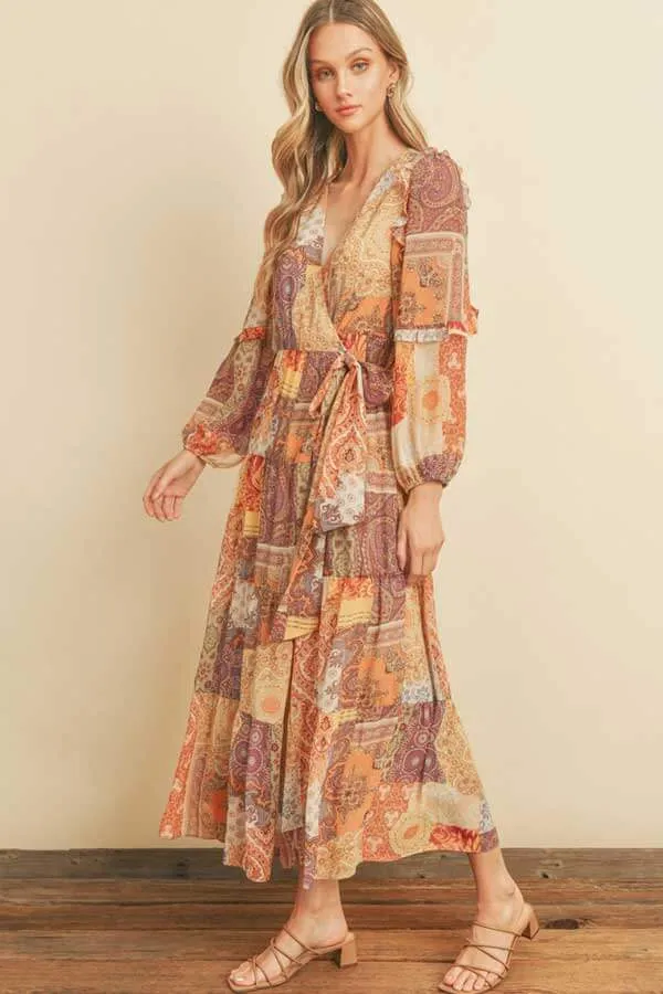 Patchwork Print Maxi Wrap Dress