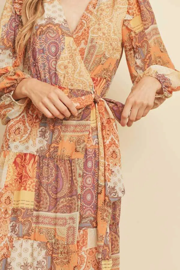 Patchwork Print Maxi Wrap Dress