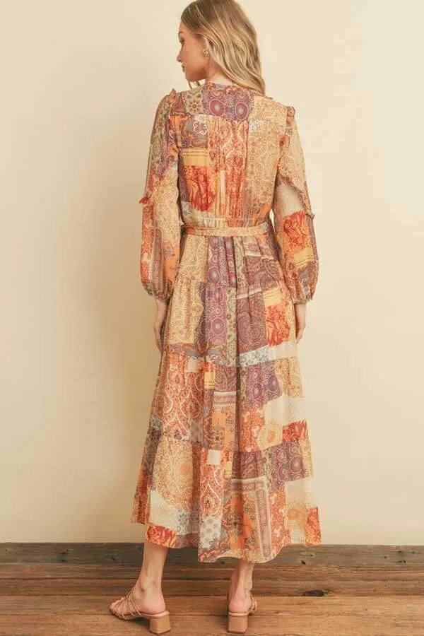 Patchwork Print Maxi Wrap Dress