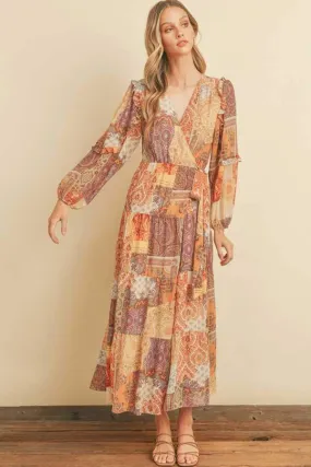 Patchwork Print Maxi Wrap Dress