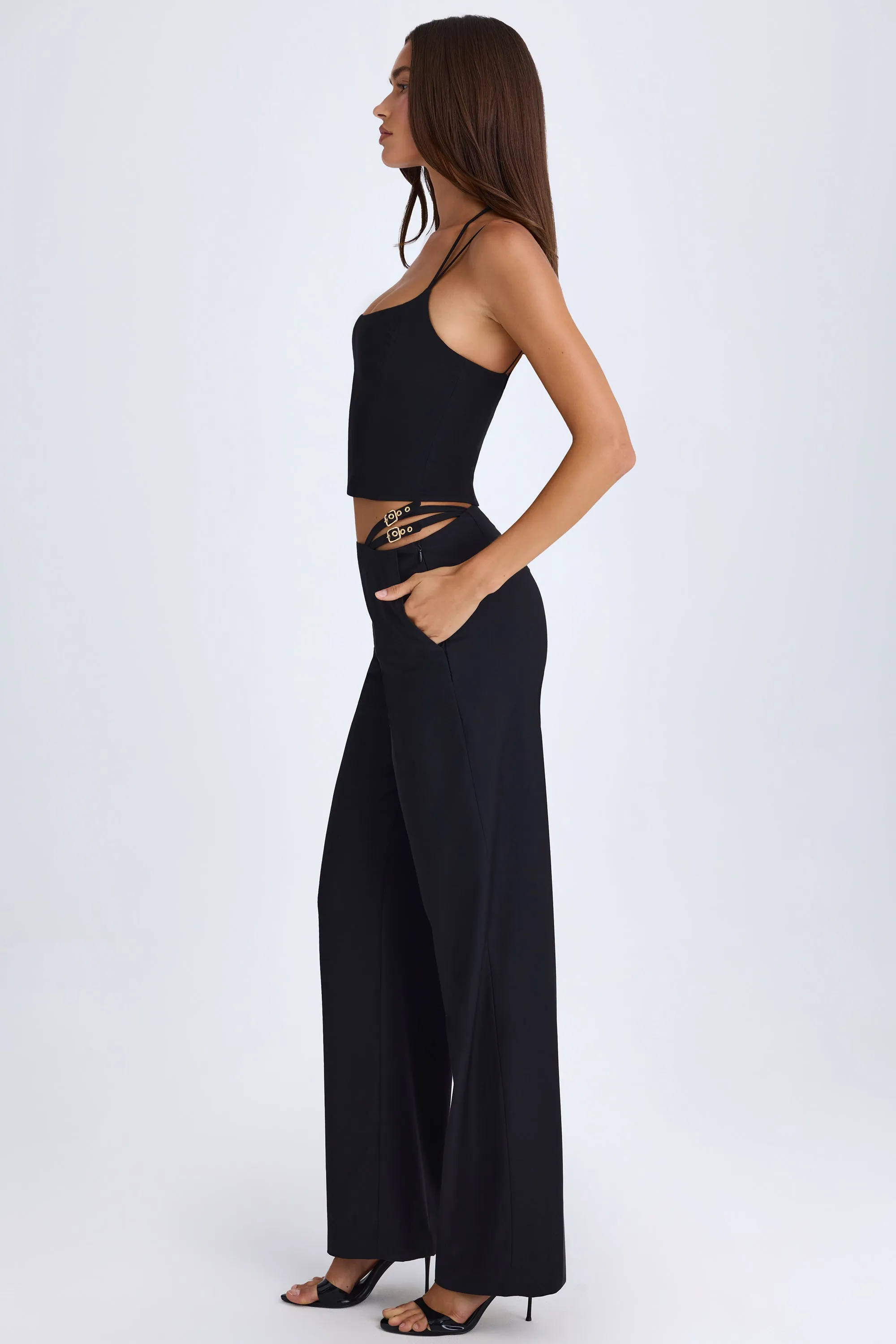 Petite Belted Cut-Out Wide-Leg Trousers in Black