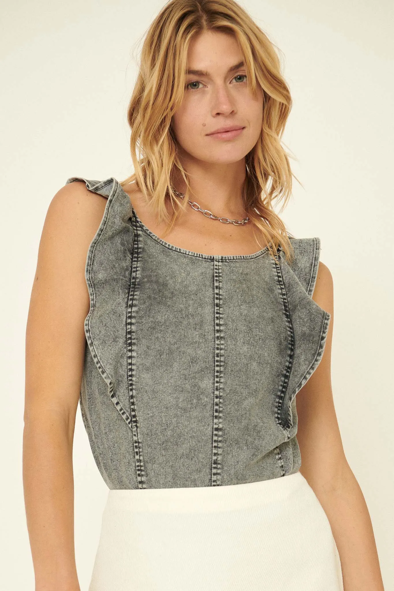 Play Date Ruffled Acid-Wash Denim Bodysuit