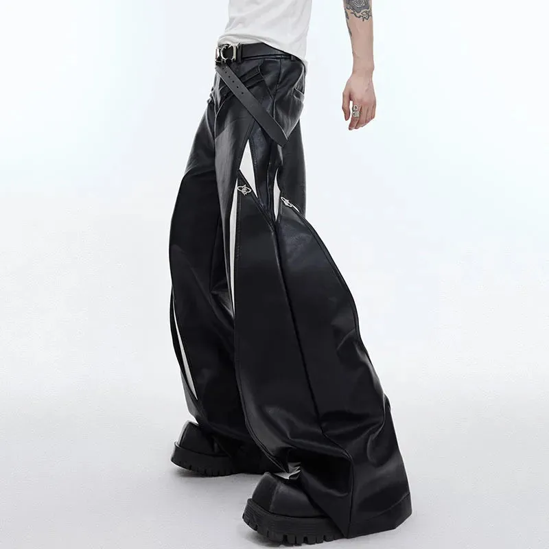 Pleated Men's PU Leather Pants Personality Contrast Color Metal Button Design Male Wide Leg Trousers Punk Spring 9C4724