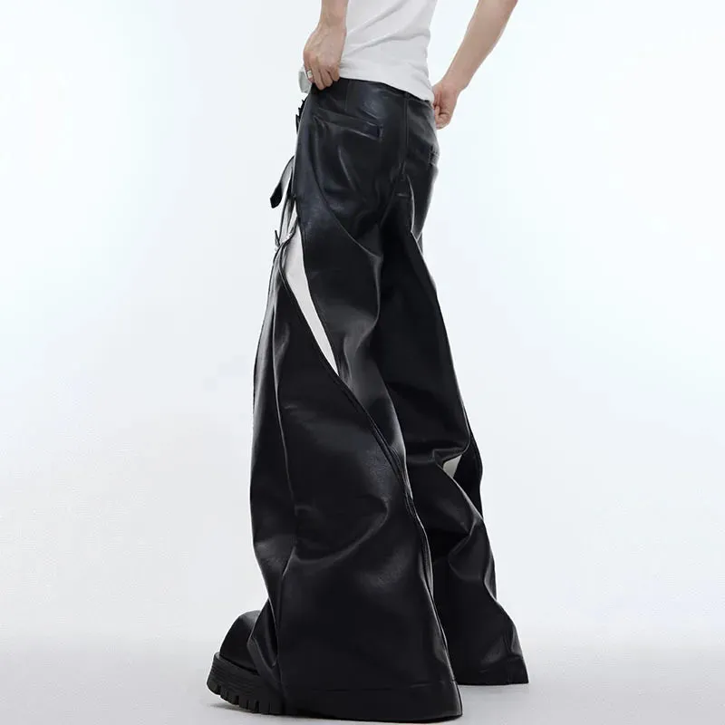 Pleated Men's PU Leather Pants Personality Contrast Color Metal Button Design Male Wide Leg Trousers Punk Spring 9C4724