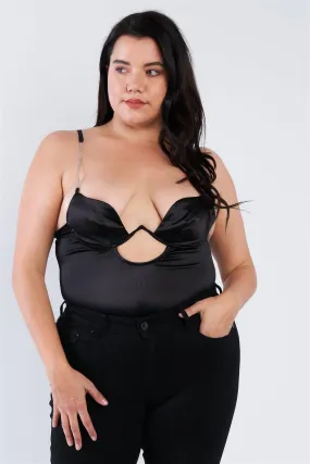 Plus Size Black Silk Chain Spaghetti Strap High Thong Center Cut Out Bodysuit  /2-2-2