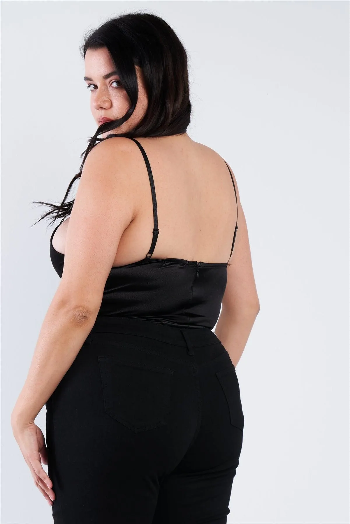 Plus Size Black Silk Chain Spaghetti Strap High Thong Center Cut Out Bodysuit  /2-2-2