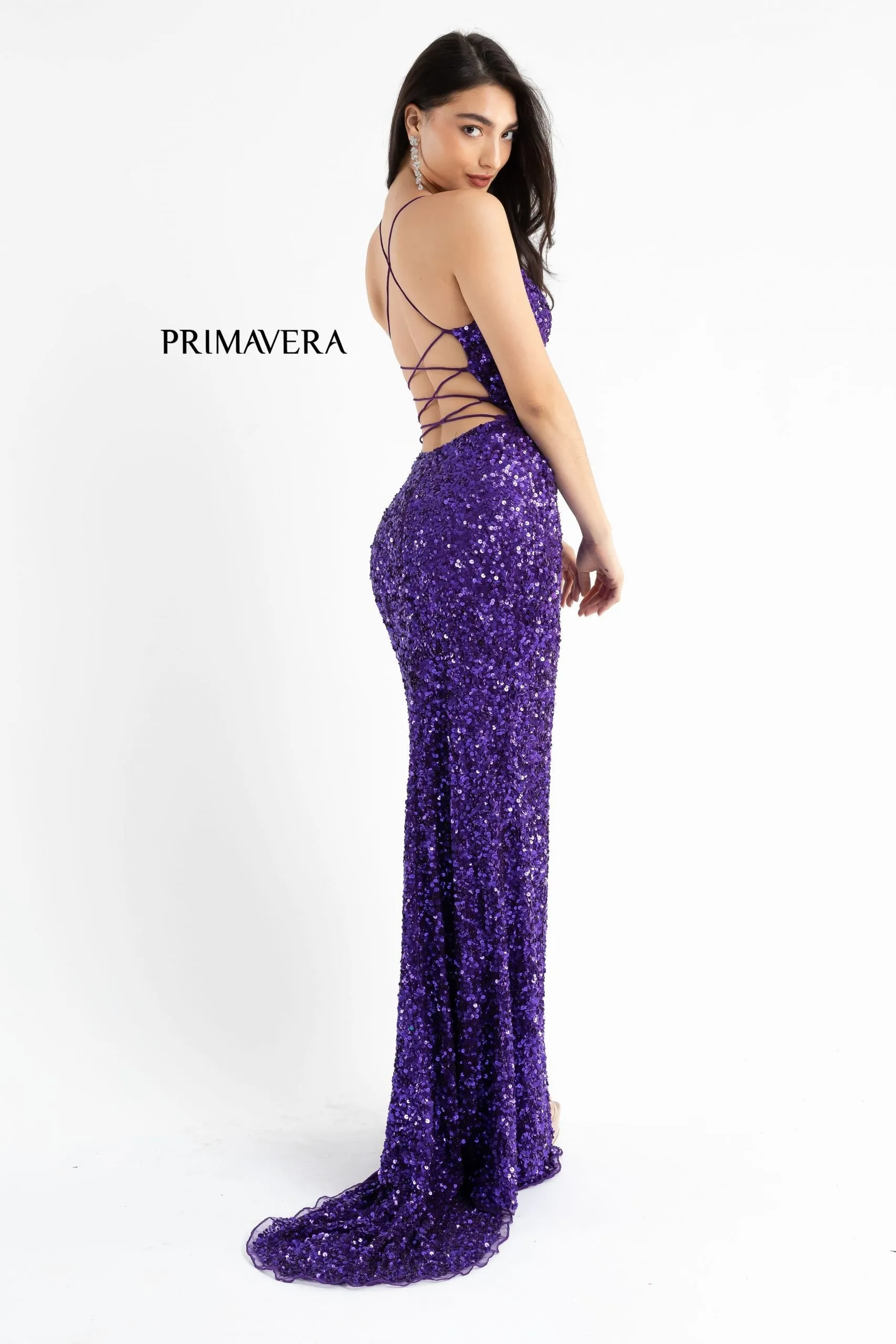 Primavera Couture 3791 Size 14 Purple Prom Dress V Neckline Sequins Lace Up Tie Back Side Slit