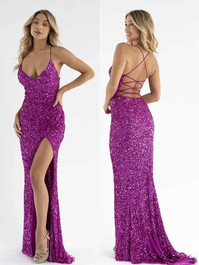 Primavera Couture 3791 Size 14 Purple Prom Dress V Neckline Sequins Lace Up Tie Back Side Slit