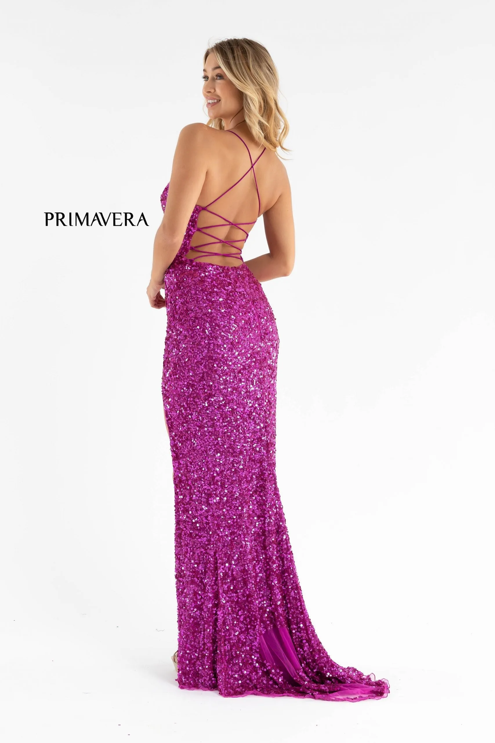 Primavera Couture 3791 Size 14 Purple Prom Dress V Neckline Sequins Lace Up Tie Back Side Slit