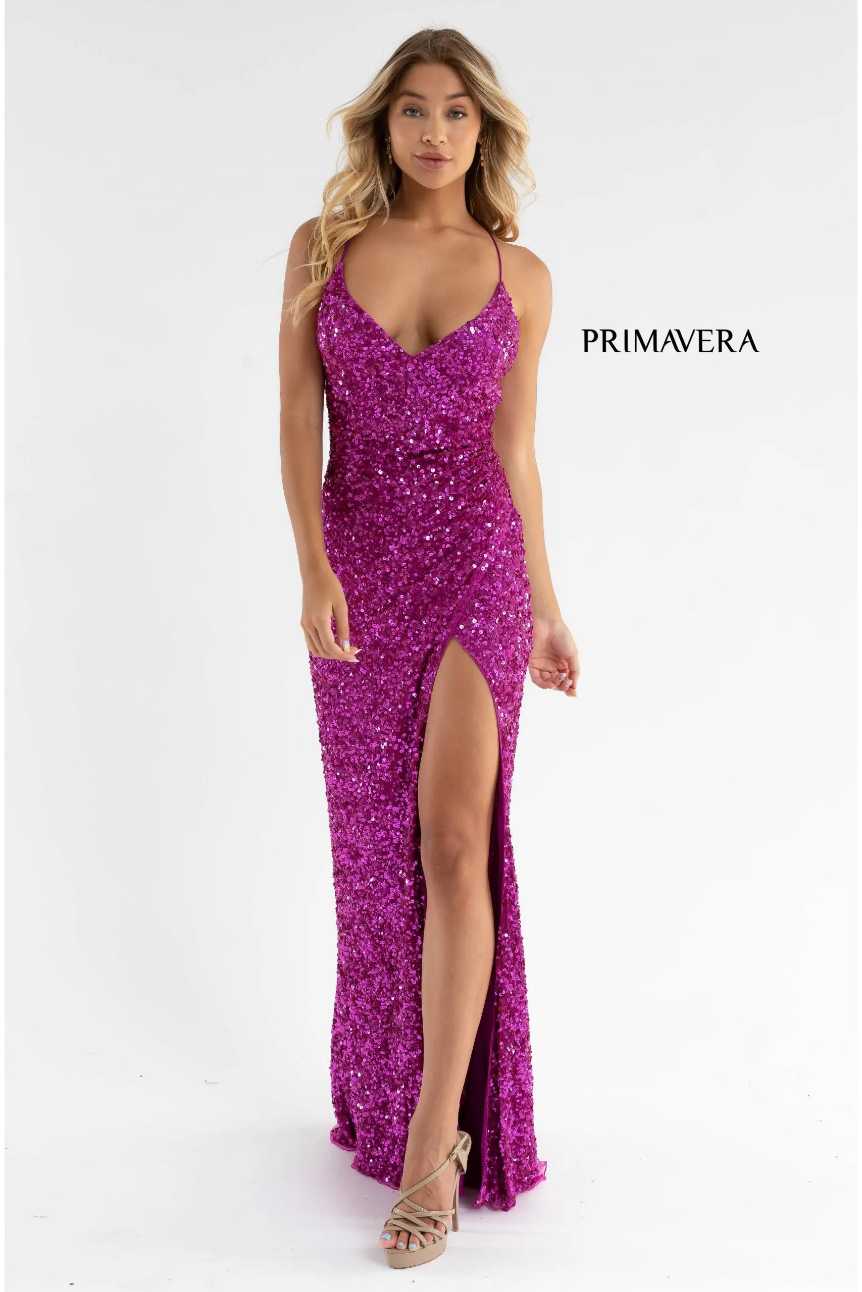 Primavera Couture 3791 Size 14 Purple Prom Dress V Neckline Sequins Lace Up Tie Back Side Slit