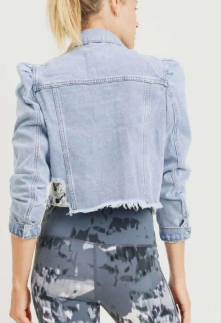 Puffed Sleeve Crop Denim Jacket