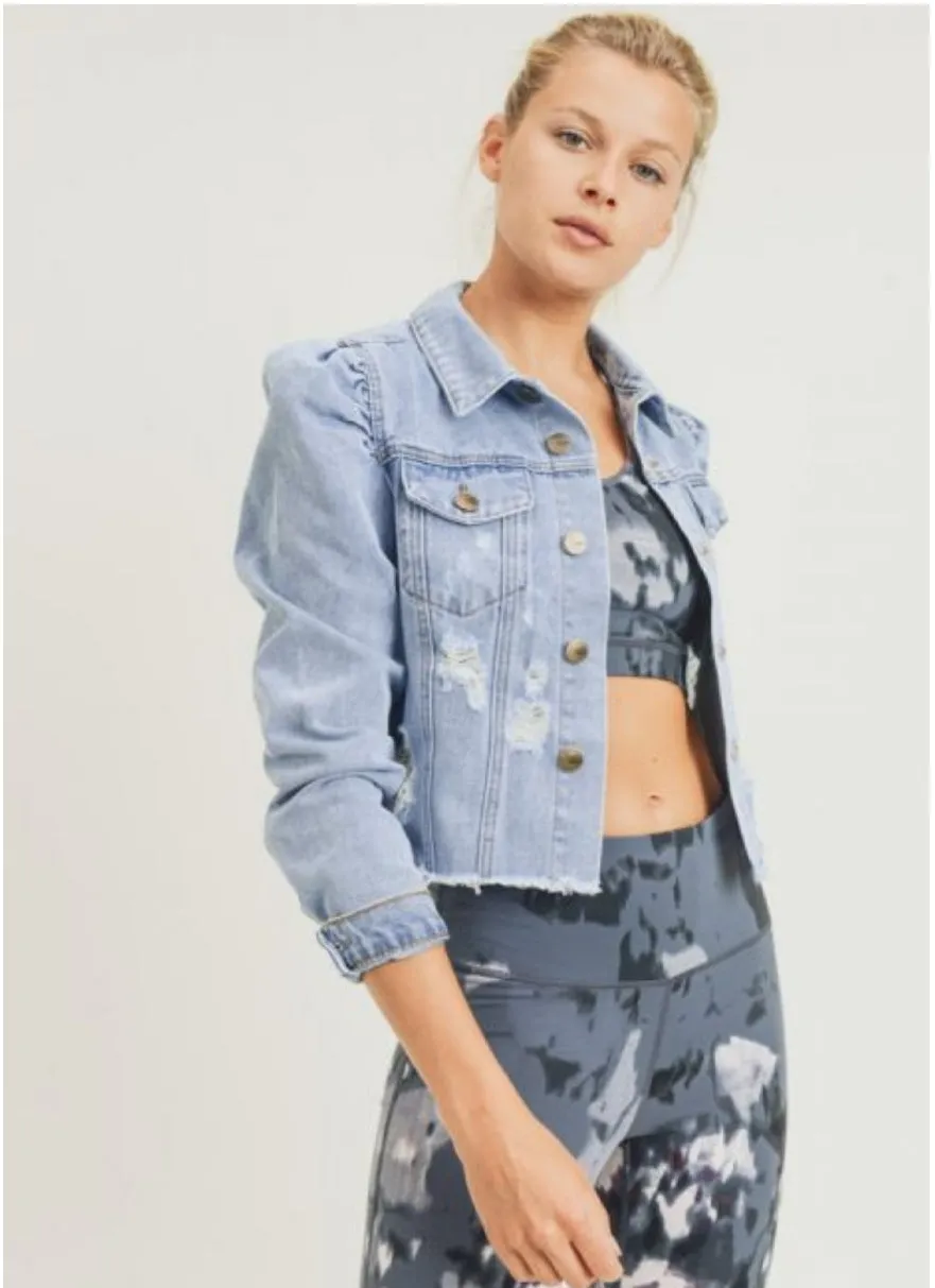 Puffed Sleeve Crop Denim Jacket