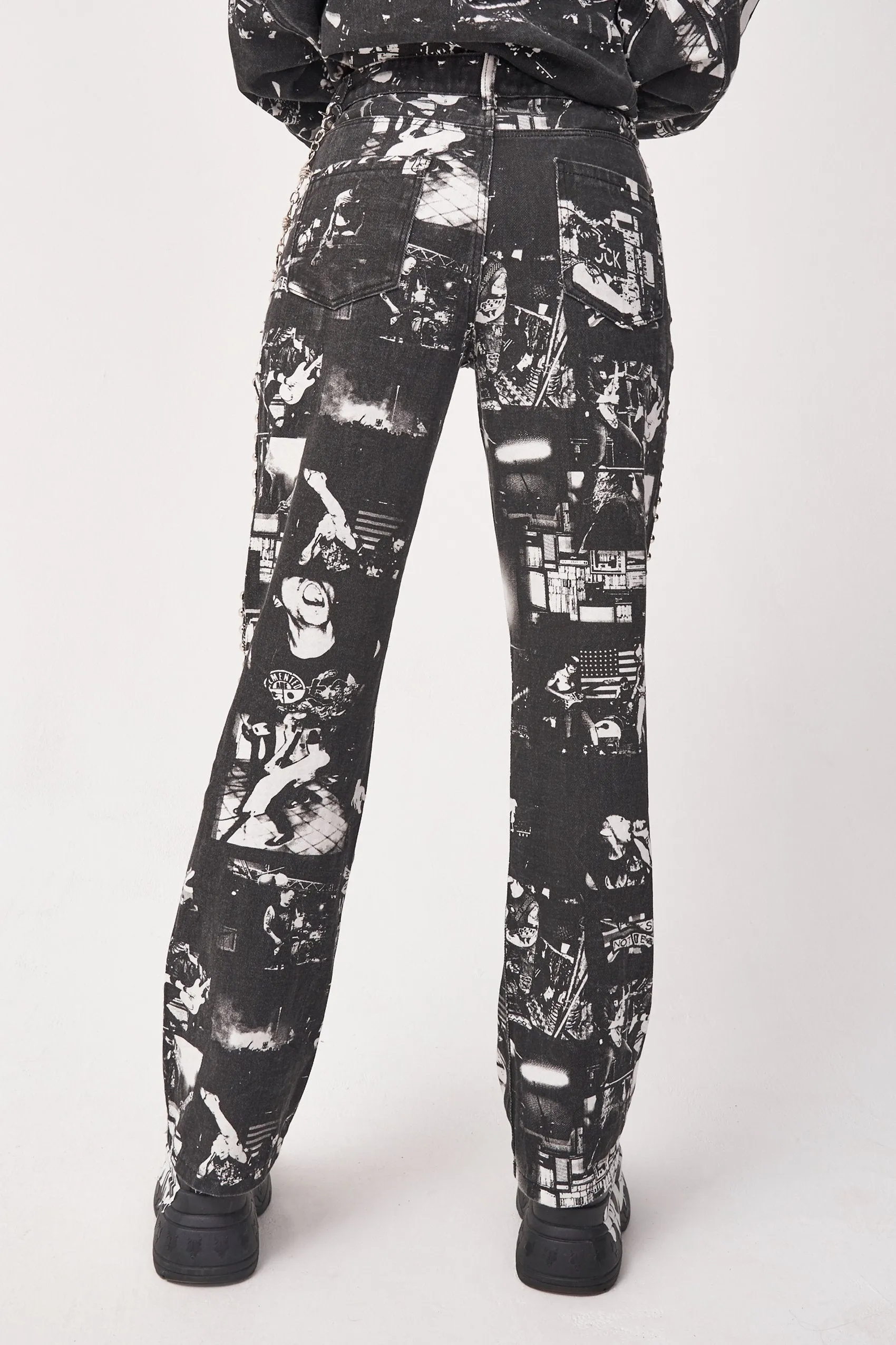 Punk Rock Photograph Print Studded Slouchy Jeans