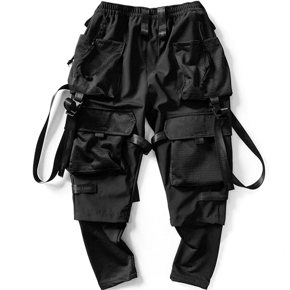 Punk Techwear Cargo Pants Big Pockets Ribbons Oversized Hip Hop Black Pants Joggers Streetwear Harajuku Loose Harem Trousers