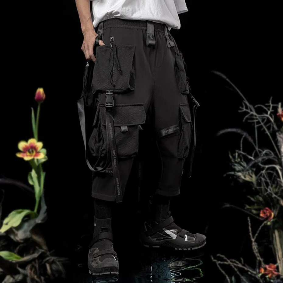 Punk Techwear Cargo Pants Big Pockets Ribbons Oversized Hip Hop Black Pants Joggers Streetwear Harajuku Loose Harem Trousers