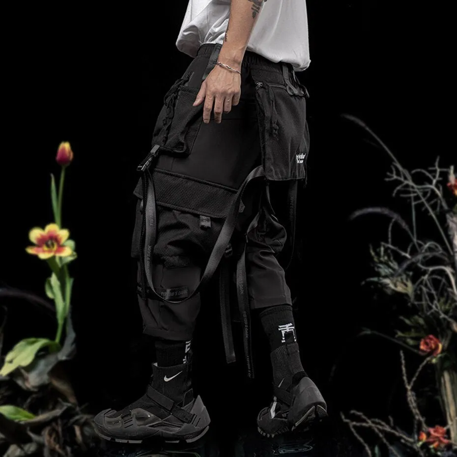 Punk Techwear Cargo Pants Big Pockets Ribbons Oversized Hip Hop Black Pants Joggers Streetwear Harajuku Loose Harem Trousers