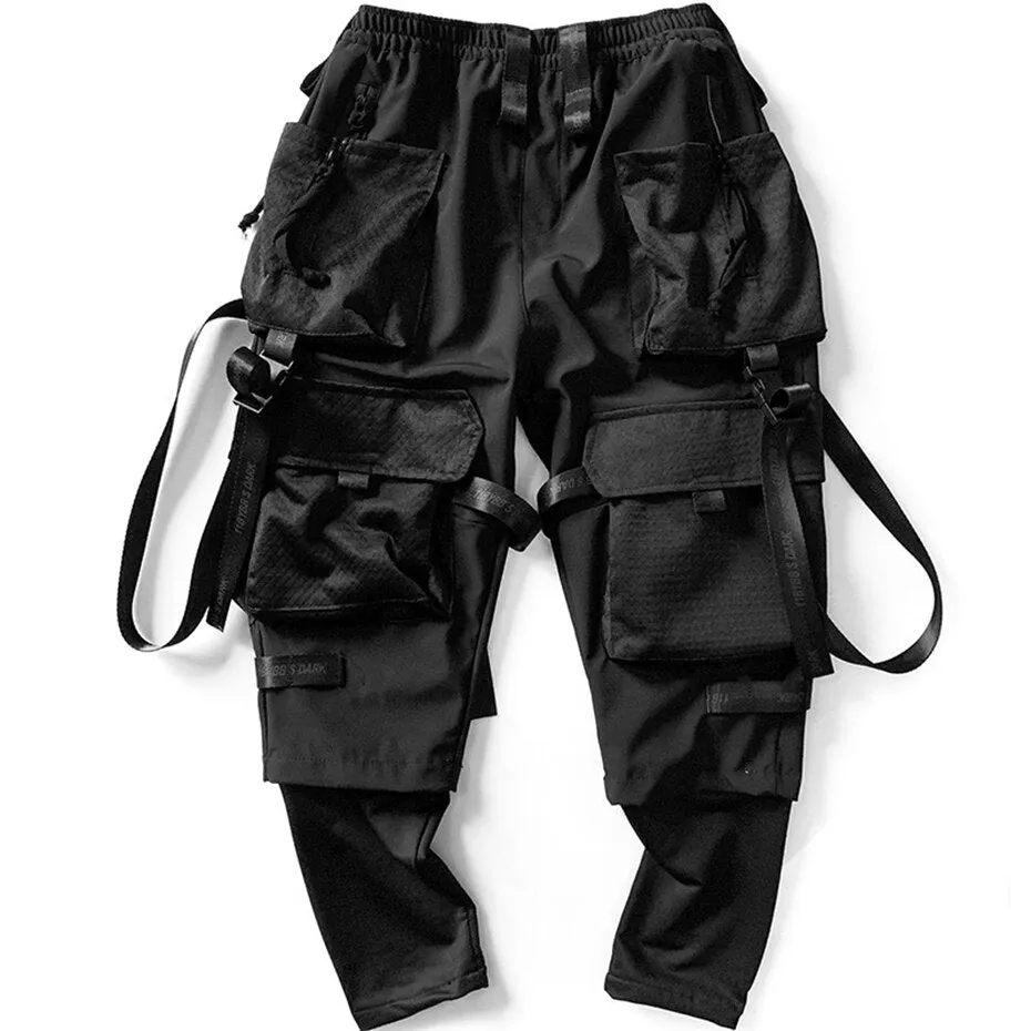 Punk Techwear Cargo Pants Big Pockets Ribbons Oversized Hip Hop Black Pants Joggers Streetwear Harajuku Loose Harem Trousers