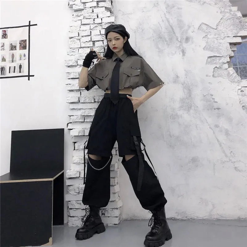 Purpdrank - Gothic Streetwear Women&#39;s Cargo Pants with Chain Punk Techwear Black Oversize Korean Fashion Wide Leg Trousers