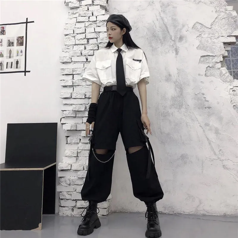 Purpdrank - Gothic Streetwear Women&#39;s Cargo Pants with Chain Punk Techwear Black Oversize Korean Fashion Wide Leg Trousers