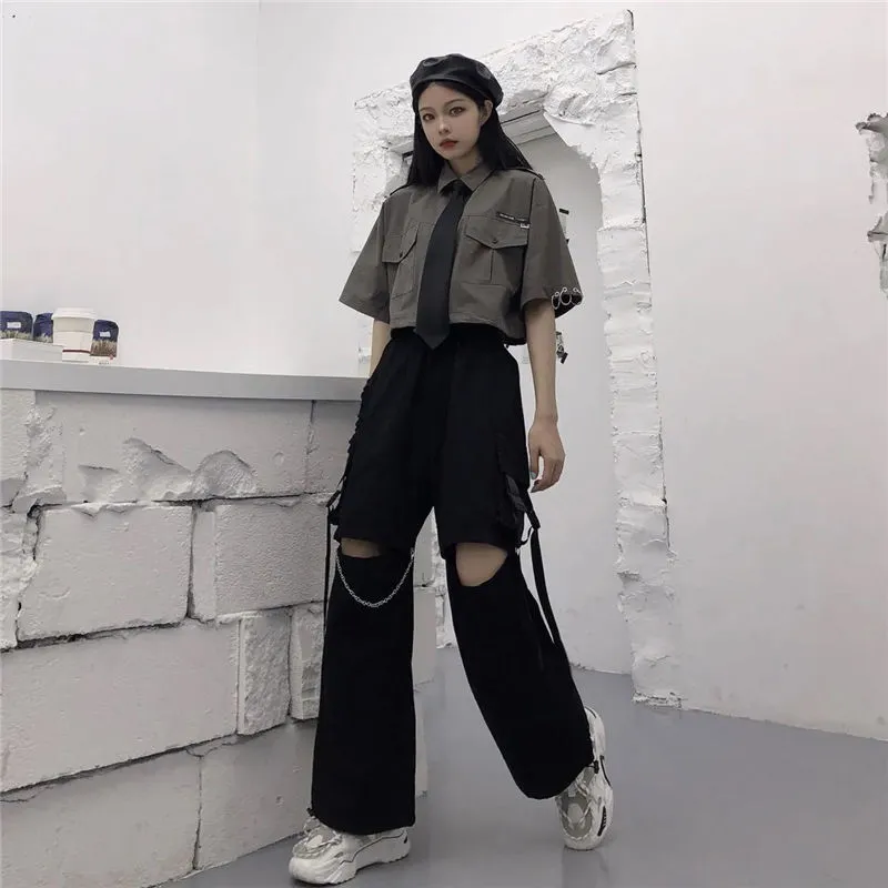 Purpdrank - Gothic Streetwear Women&#39;s Cargo Pants with Chain Punk Techwear Black Oversize Korean Fashion Wide Leg Trousers