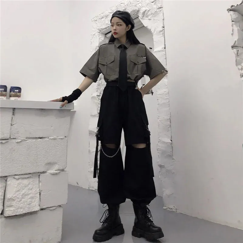 Purpdrank - Gothic Streetwear Women&#39;s Cargo Pants with Chain Punk Techwear Black Oversize Korean Fashion Wide Leg Trousers