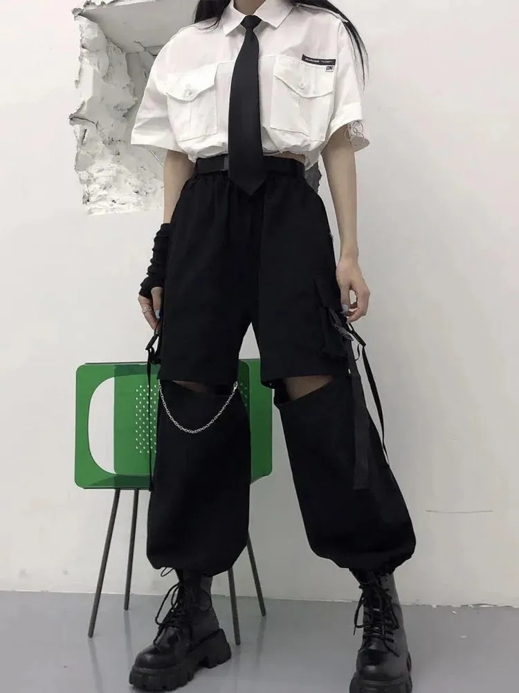 Purpdrank - Gothic Streetwear Women&#39;s Cargo Pants with Chain Punk Techwear Black Oversize Korean Fashion Wide Leg Trousers