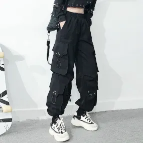 Purpdrank - Harajuku Black Streetwear Women Casual Pants Punk Harem Pants With Pockets Black Female Long Trousers Ribbon Ladies Pants