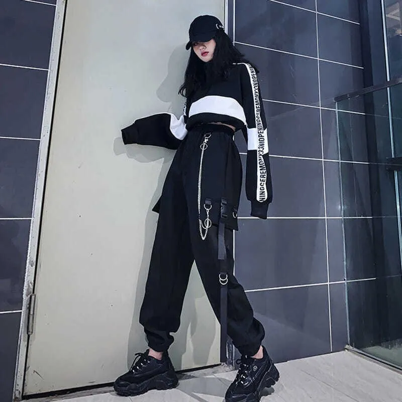 Purpdrank - Streetwear Spring Summer Cargo Women Pants Punk Black Female Joggers Hip Hop Harem Ankle-Length Trousers With Chain