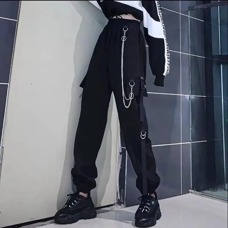 Purpdrank - Streetwear Spring Summer Cargo Women Pants Punk Black Female Joggers Hip Hop Harem Ankle-Length Trousers With Chain