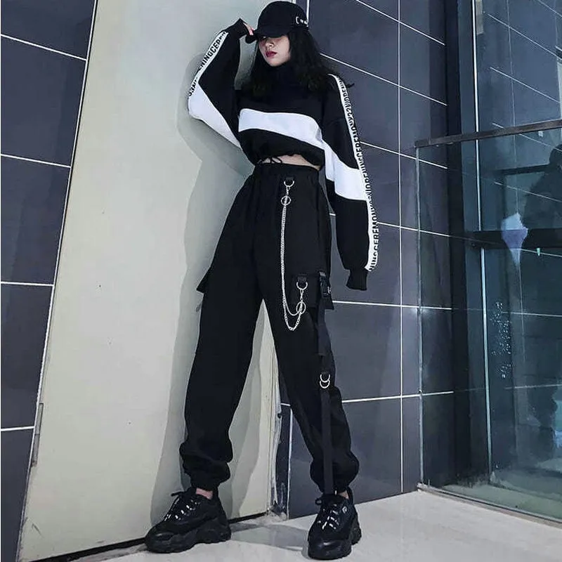 Purpdrank - Streetwear Spring Summer Cargo Women Pants Punk Black Female Joggers Hip Hop Harem Ankle-Length Trousers With Chain