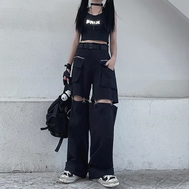 Purpdrank - Techwear Gothic Black Cargo Pants Women Streetwear Hollow Out Punk Wide Leg Oversize Pockets Trousers For Female Hip Hop