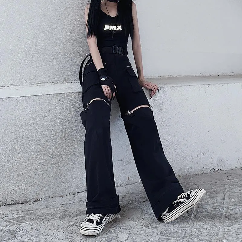 Purpdrank - Techwear Gothic Black Cargo Pants Women Streetwear Hollow Out Punk Wide Leg Oversize Pockets Trousers For Female Hip Hop