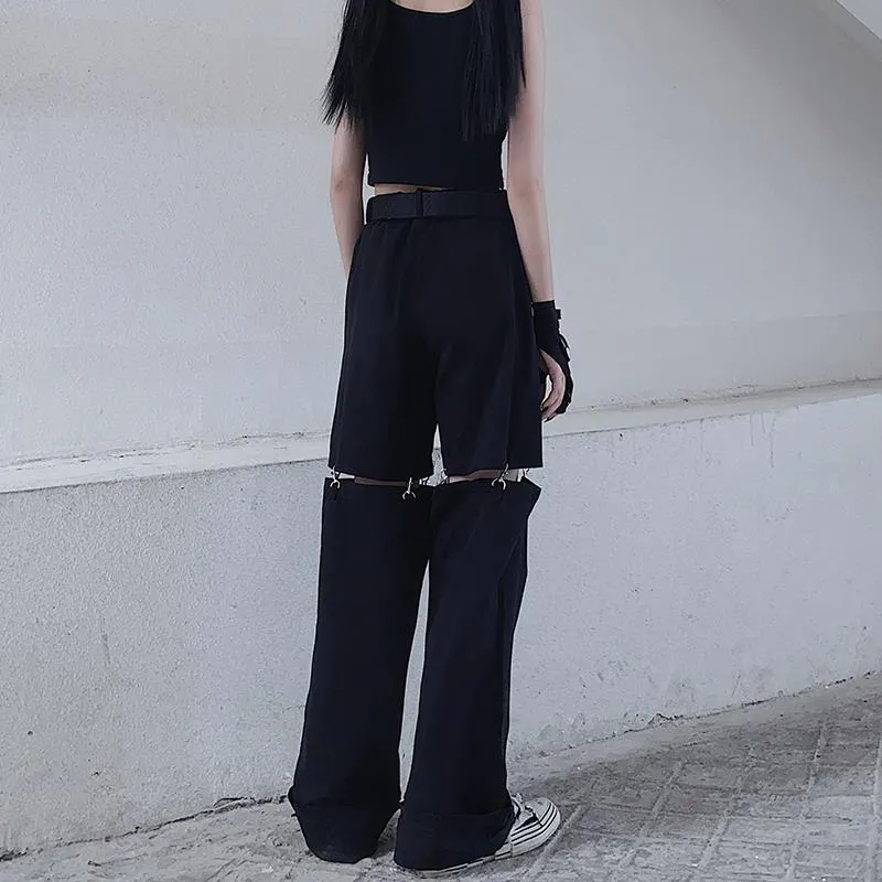 Purpdrank - Techwear Gothic Black Cargo Pants Women Streetwear Hollow Out Punk Wide Leg Oversize Pockets Trousers For Female Hip Hop