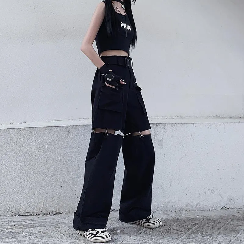 Purpdrank - Techwear Gothic Black Cargo Pants Women Streetwear Hollow Out Punk Wide Leg Oversize Pockets Trousers For Female Hip Hop