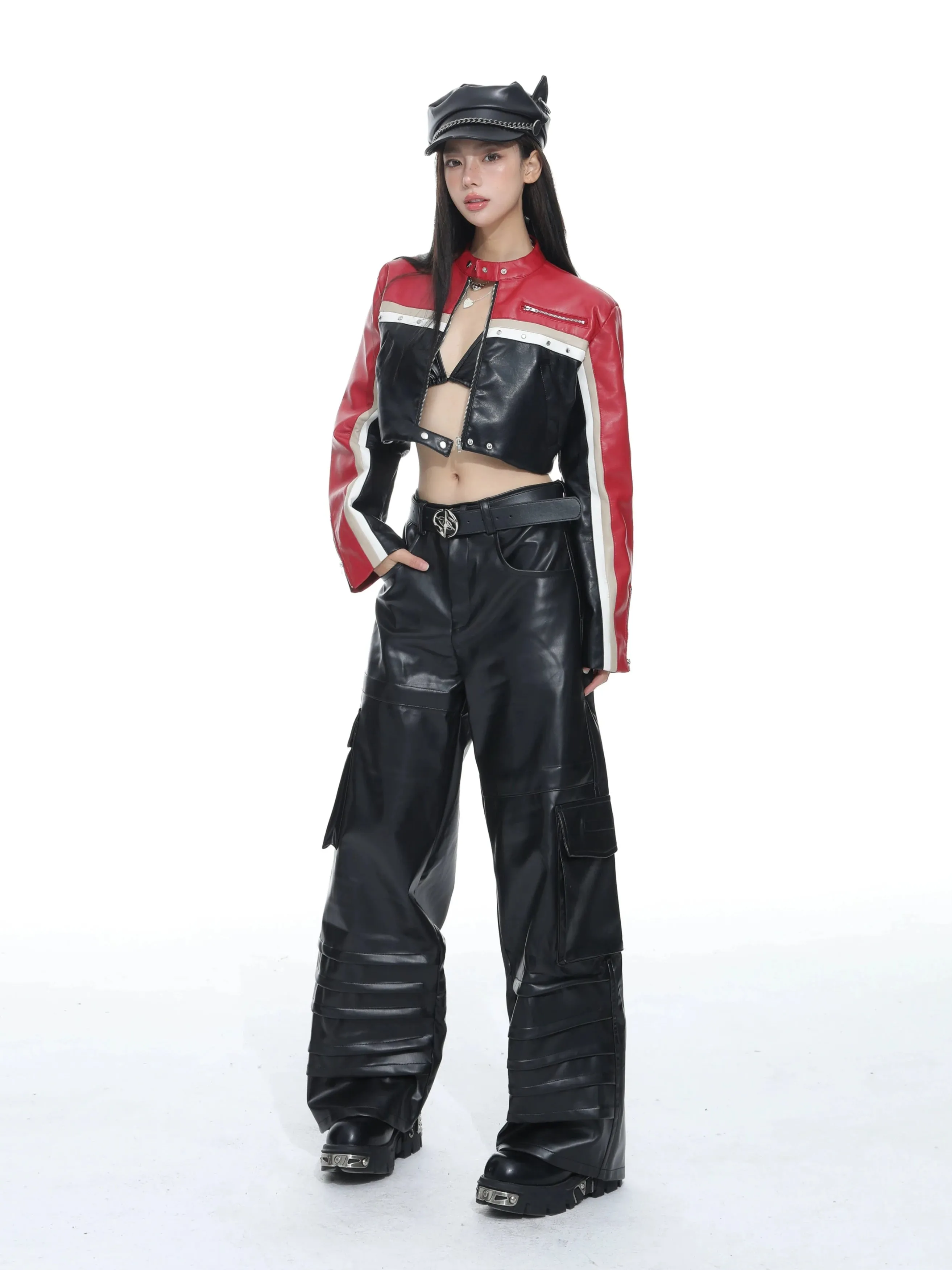 Racer Color-Block Cropped Leather Zip Jacket