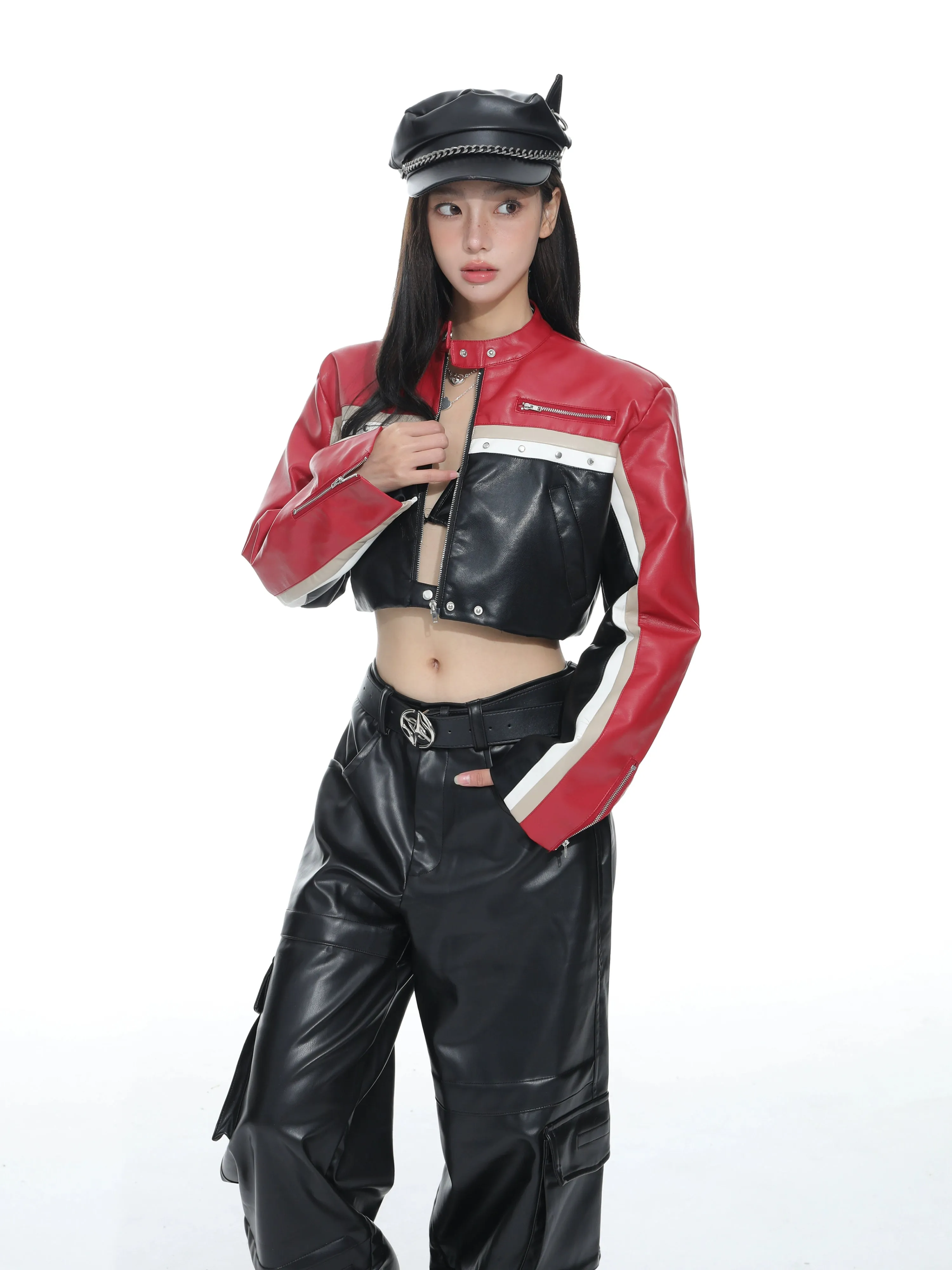 Racer Color-Block Cropped Leather Zip Jacket