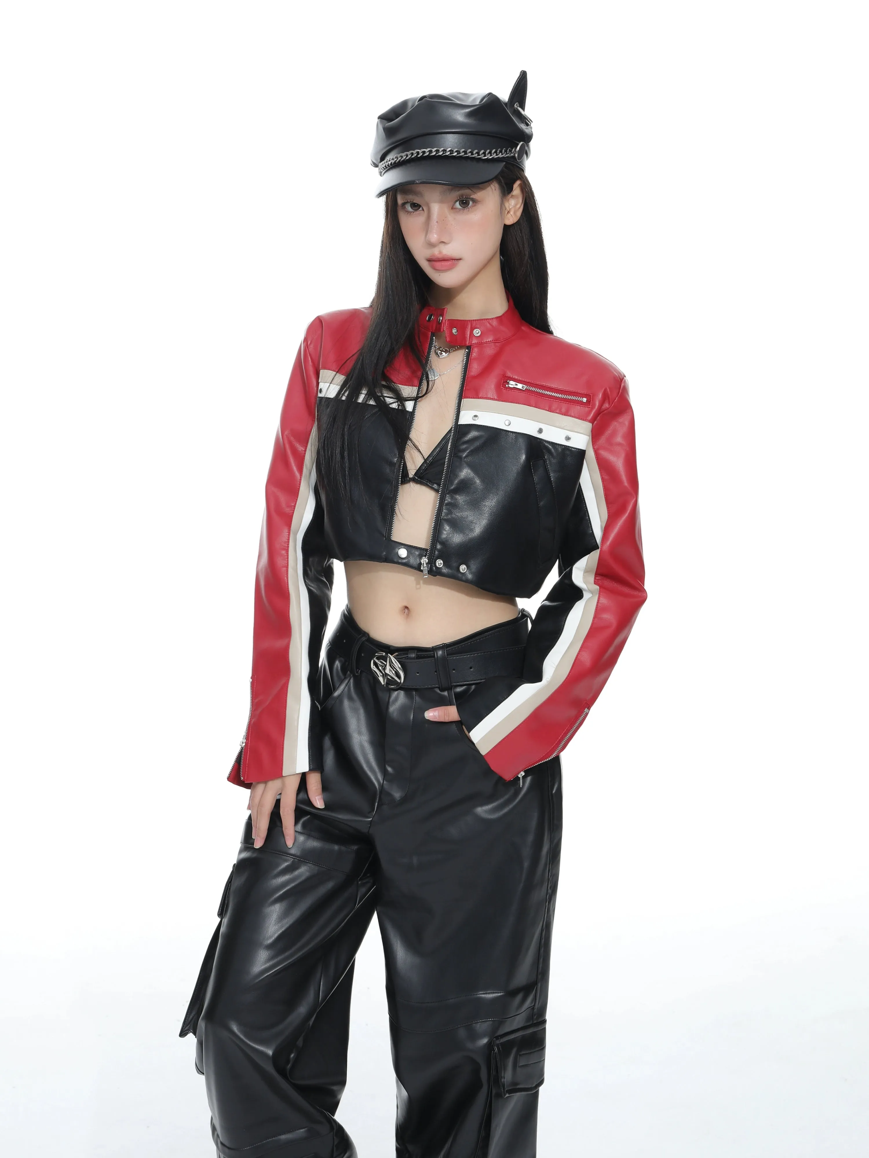 Racer Color-Block Cropped Leather Zip Jacket