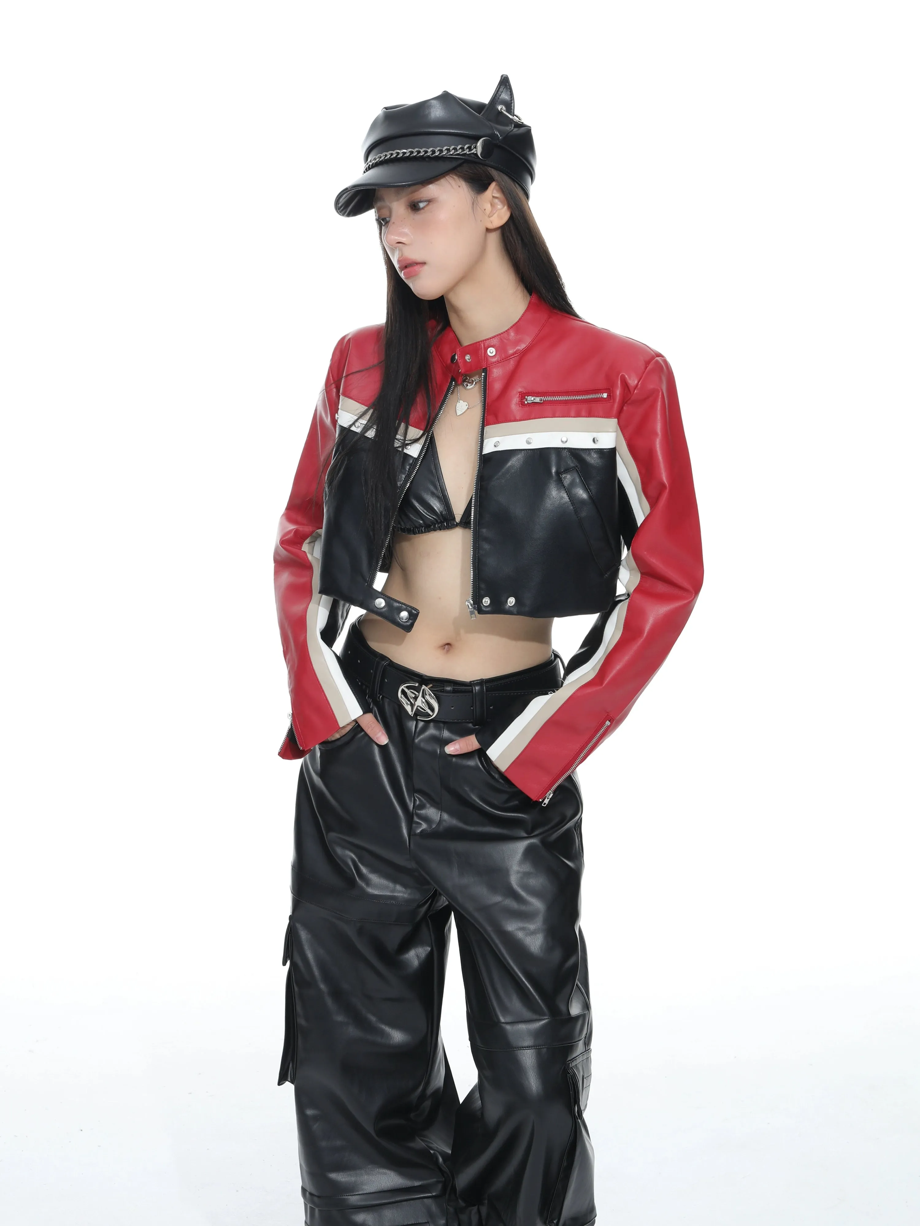 Racer Color-Block Cropped Leather Zip Jacket