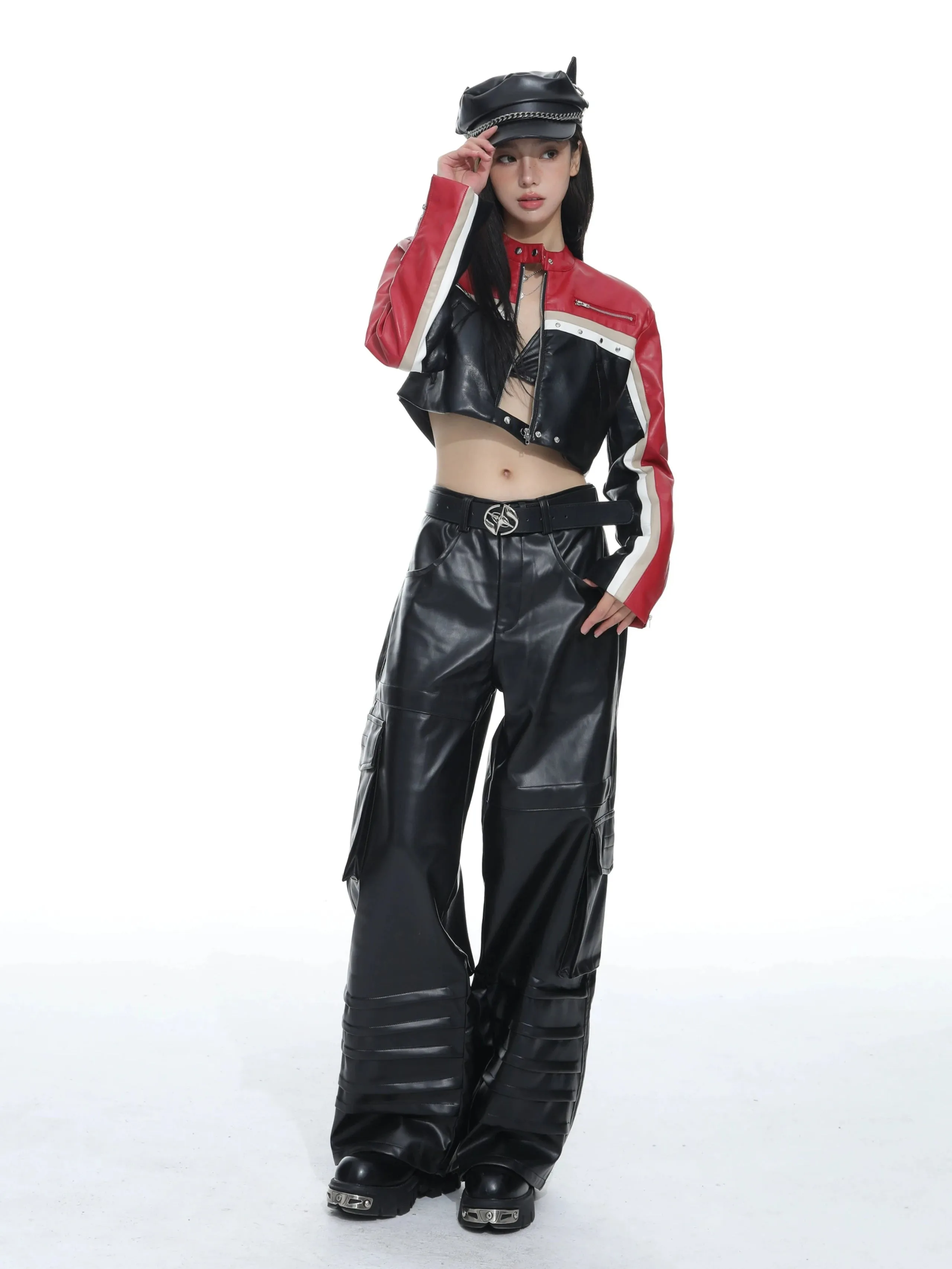 Racer Color-Block Cropped Leather Zip Jacket