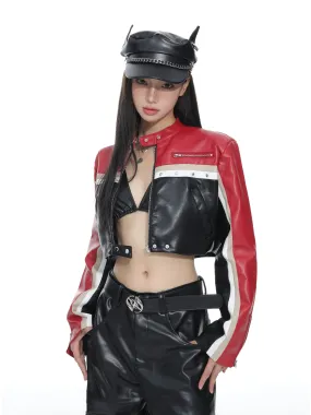 Racer Color-Block Cropped Leather Zip Jacket