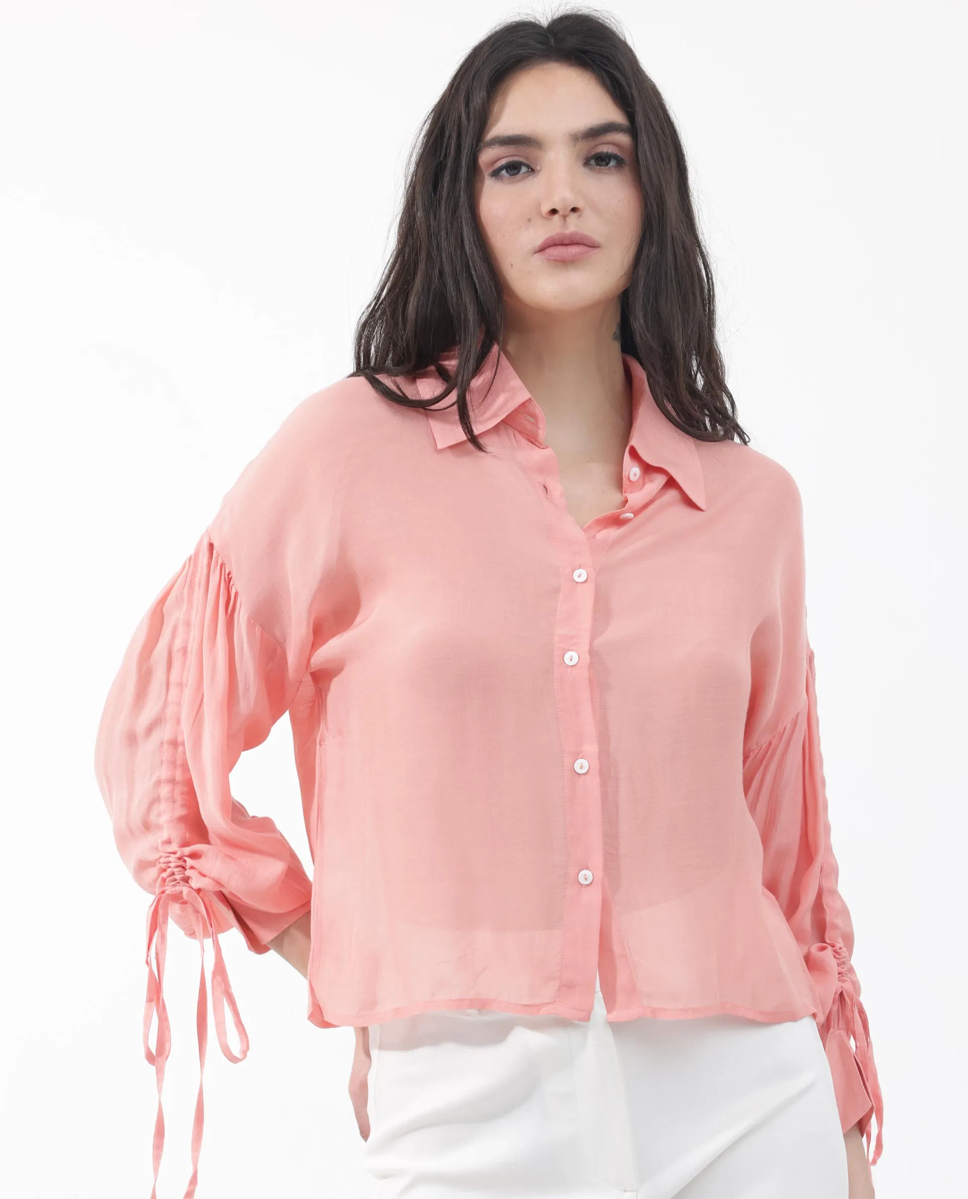 Rareism Women Jux Pastel Pink Poly Viscose Fabric Full Sleeve Collared Neck Solid Regular Length Top