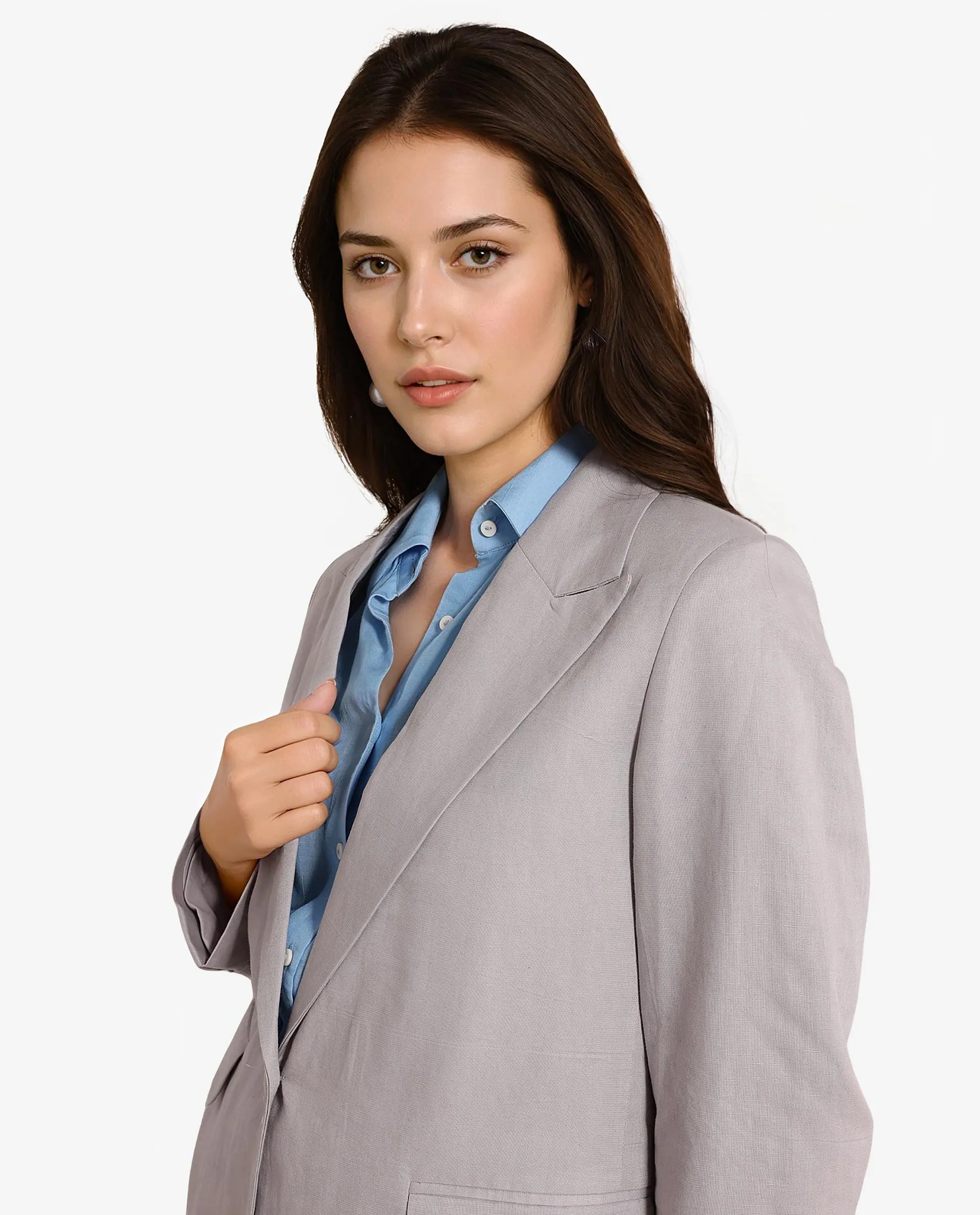 Rareism Women Laika Grey Full Sleeve Lapel Neck Button Plain Blazer