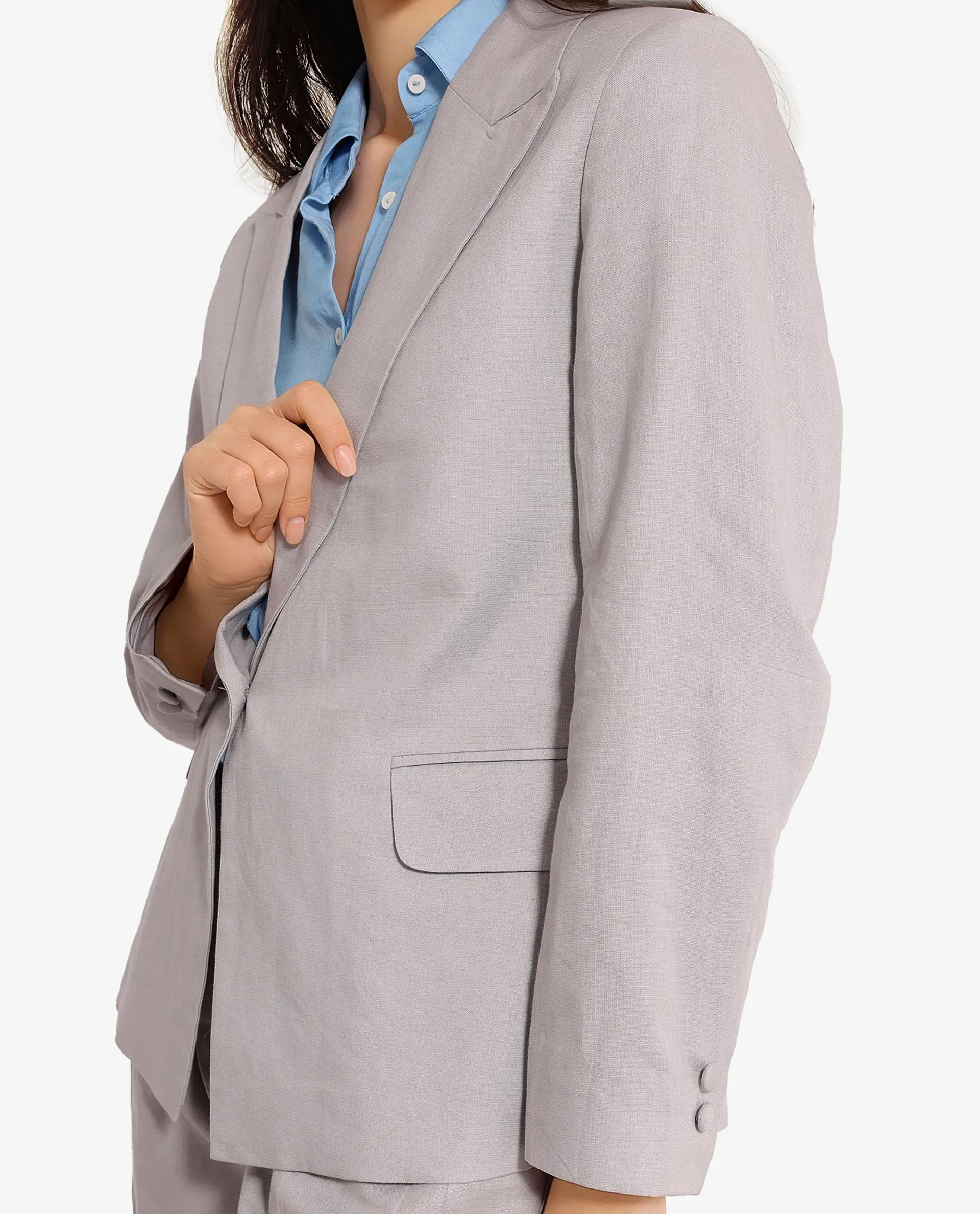 Rareism Women Laika Grey Full Sleeve Lapel Neck Button Plain Blazer